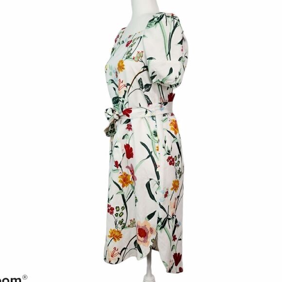 LOFT White Multicolor Floral Puff Sleeve Tent Linen Dress Size 0P Tie Waist - Picture 6 of 12